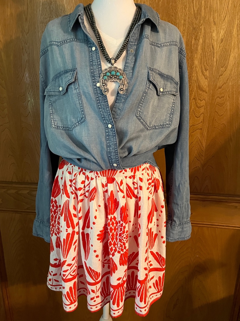 Sz S Haute Hippie Red and White Linen Blend Mexican Mini Skirt